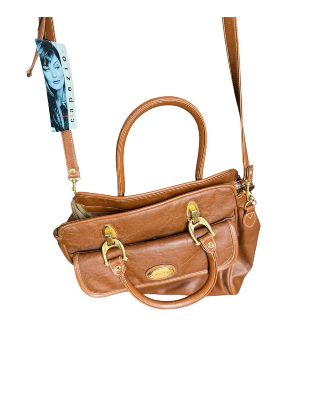Capezio Cognac Brown Satchel Crossbody Bag Gold Hardware Top Handle Purse - Picture 3 of 7